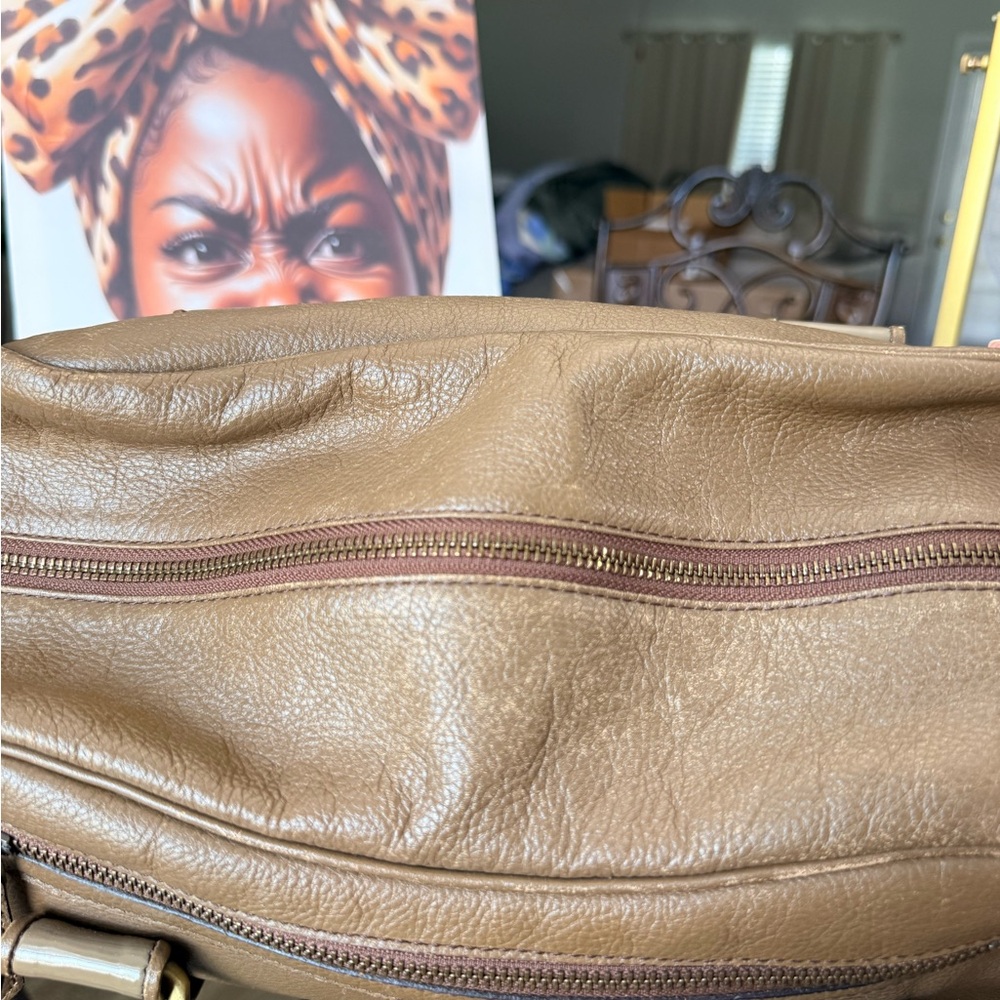 Burberry Tan Leather Satchel with Scarf Accent - Picture 5 of 13